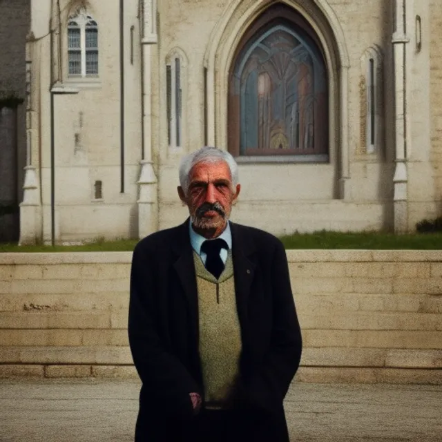 an older man standing in front of a church. Made him cry if in comic book format. make him cry if in comic book format”