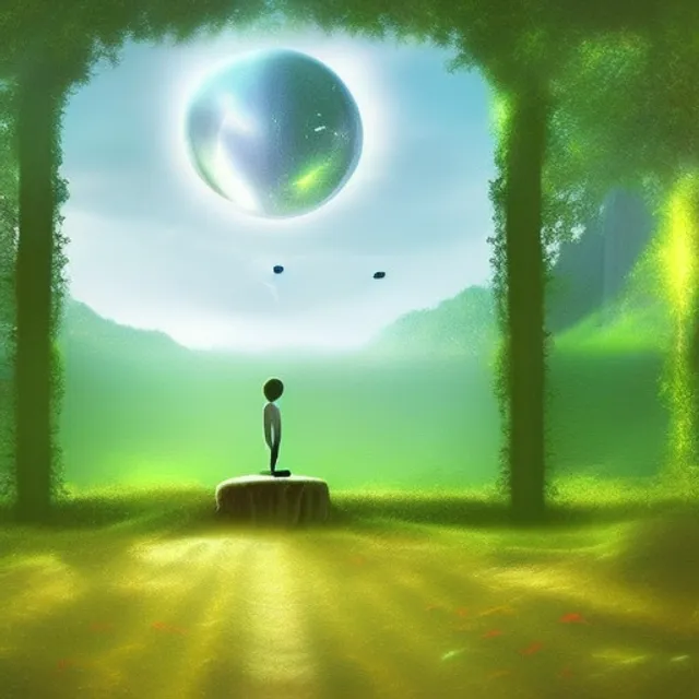  fantasy picture of a parallel world, where simple alien guy meditates at the nature