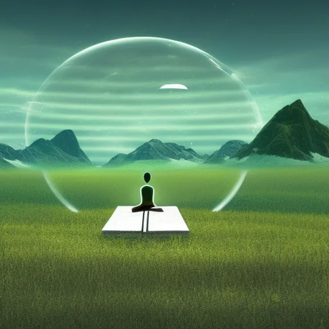  fantasy picture of a parallel world, where simple alien guy meditates at the nature