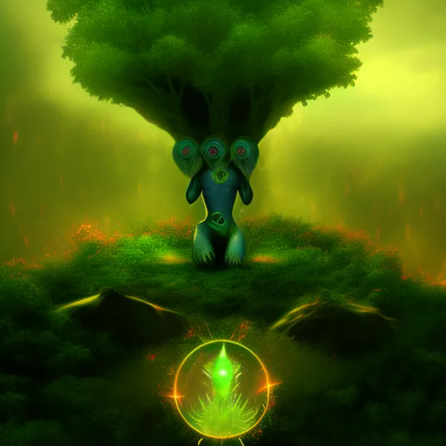 Parallel World: Fantasy Picture of a Simple Alien Guy Meditating at the Nature. add an aliens tree to the background