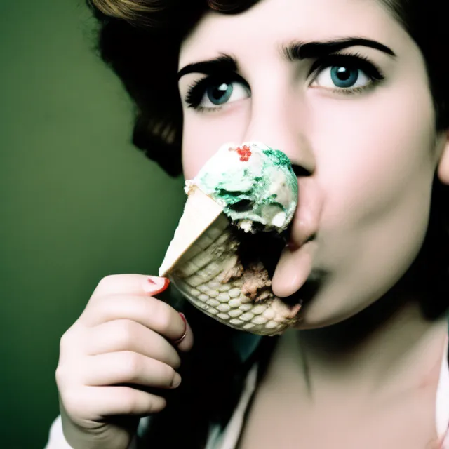 A girl eating a large icecream cone.