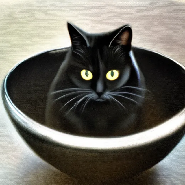 A black cat in the bowl