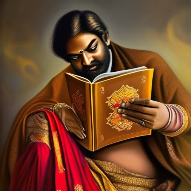 “Actor Vijay Sethupathi goes in the room and reads an old book. We add some fireflies to give the painting a deep focus dad fantasy feel, and intricate elegance. We also add some intricate details and sharp focus illustrations. Add some fireflies and make the painting feel more like a deep focus dad fantasy intricate elegant,highly detailed digital painting”