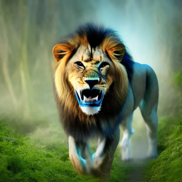 Lion walking and roaring in jungle with blue and grey lights 