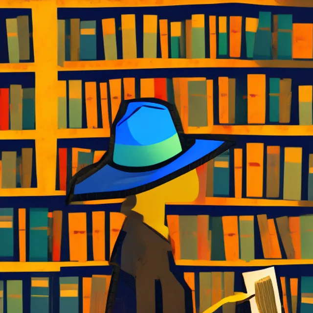 library with books and person with hat and get lights with blue tint