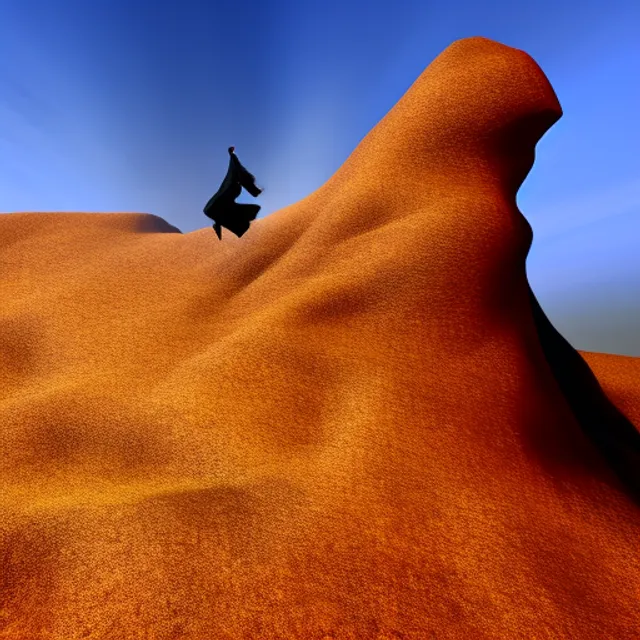  photograph of an indigo desert, an insanely detailed human figure jumping down a rock formation in extremely detailed golden reflective royal metallic coat, that is waving light in the wind, liquid royal blue saphir, dynamic figure, vegetative background, oasis, a thin white veil before the sad face, day light, award winning photograph, sharpened, 8k UHD 