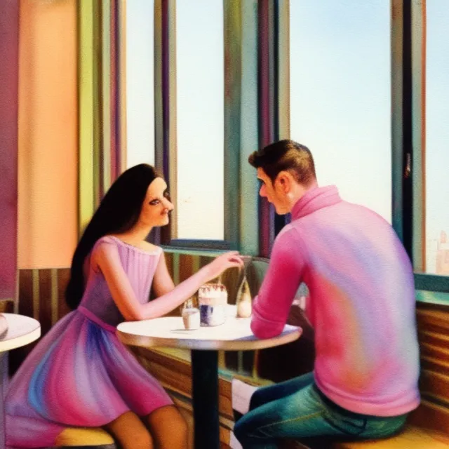 A loving couple sitting at the Café with bright windows in Baku, wooden floor, table, chairs, flowers on the table, young beautiful woman and young man looking in their eyes and smiling, loving romantic atmosphere, pastell colours, insanely detailed watercolour painting, UNLU Café in Baku, day light
