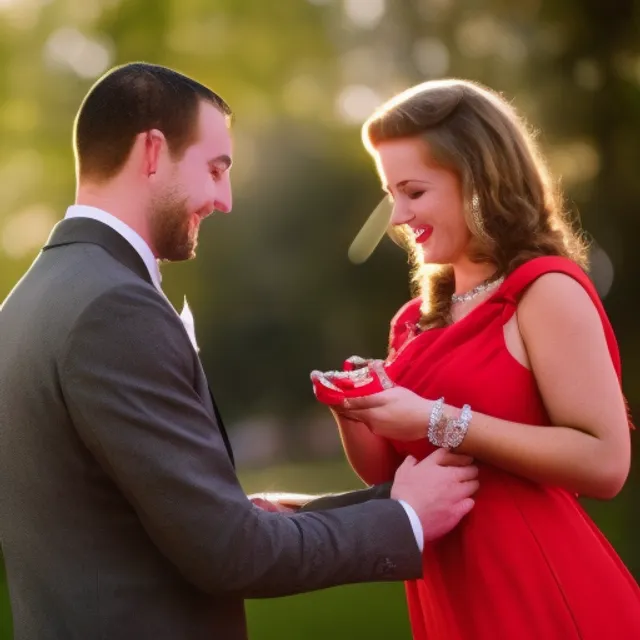 a men proposing to a women in red dress with a diamond ring
