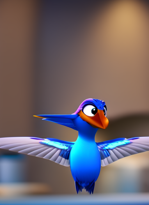 Pixar style, blue cartoon hummingbird mascot with adorable eyes, friendly, waving to the camera, cinematic lighting