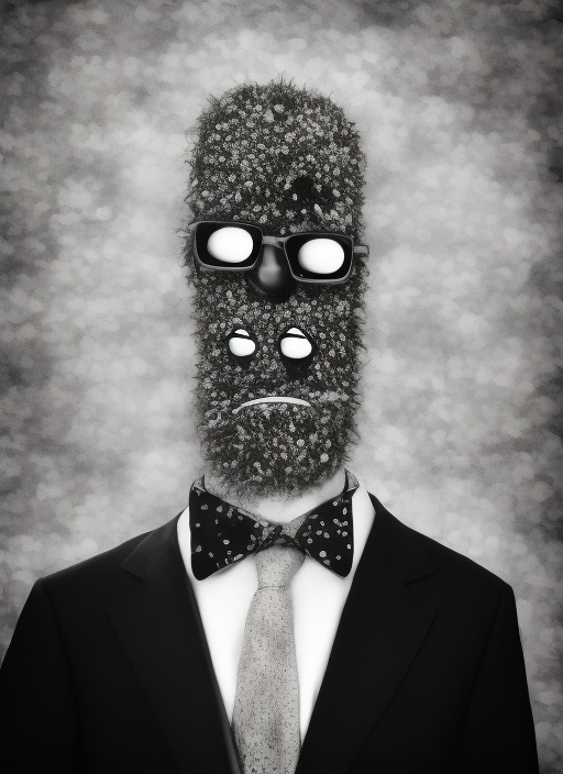 Portrait of Spongebob Squarepants in a black suit, noir style, medium format, black and white