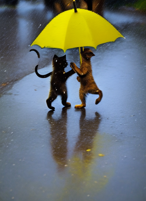 A very cute cartoon of a kitten and a puppy walking in the rain with an umbrella