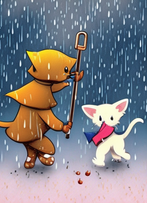 A very cute cartoon of a kitten and a puppy walking in the rain with an umbrella