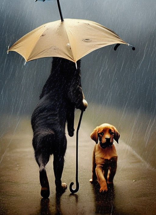 A kitten and a puppy walking in the rain with an umbrella