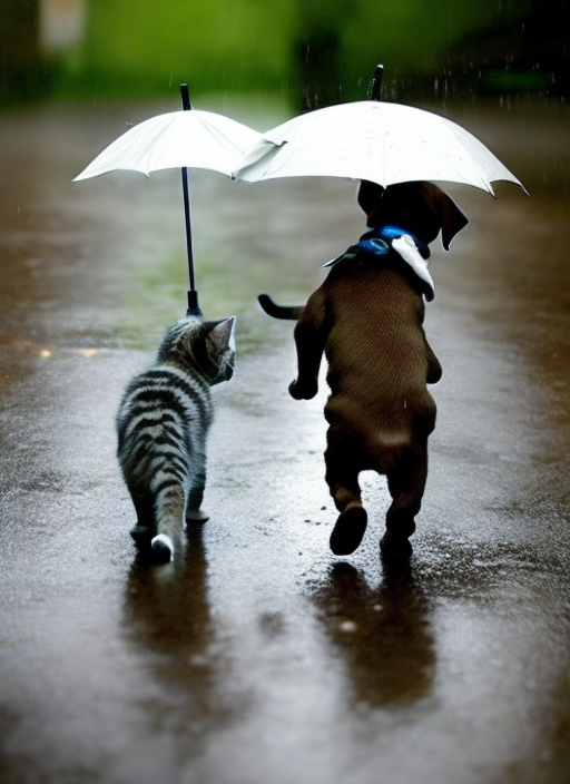 A kitten and a puppy walking in the rain with an umbrella