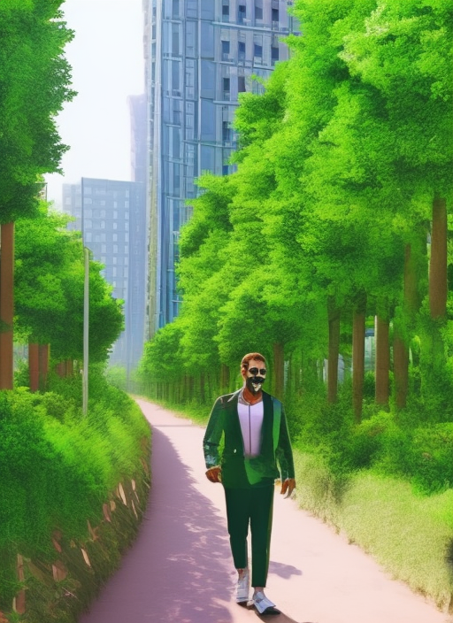 A side-view of a smiling man walking down a street in a solar-punk city with beautiful glass buildings vibrant, lush green nature everywhere