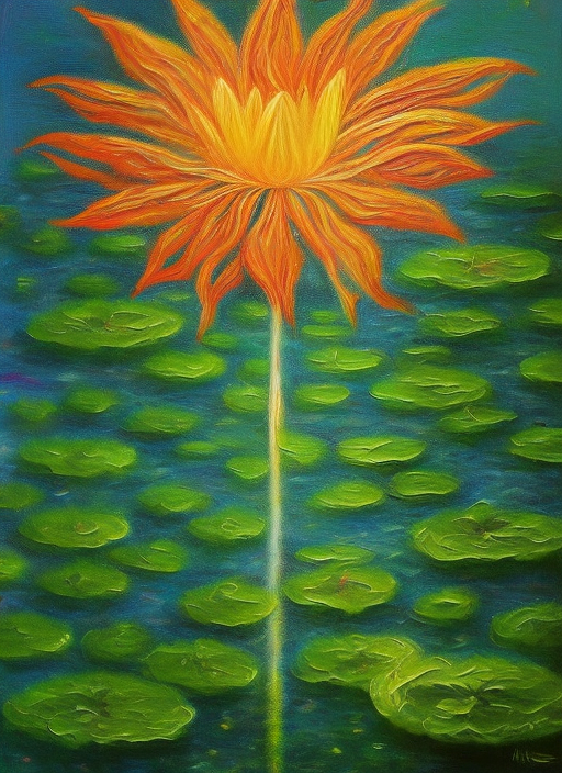 The seed of a divine multi-colored cosmos psychedelic higher-dimensional being emerging from the universal lotus, impressionism in style of monet oil canvas