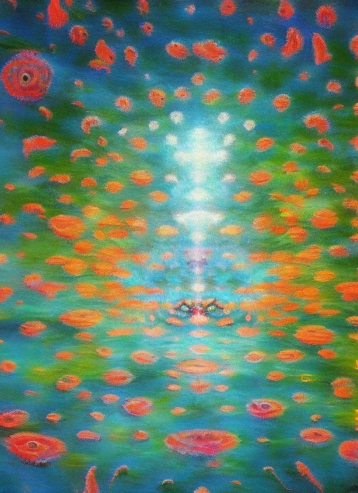 impressionism in style of monet, seed of a divine multi-colored cosmos psychedelic higher-dimensional being emerging from the universal lotus