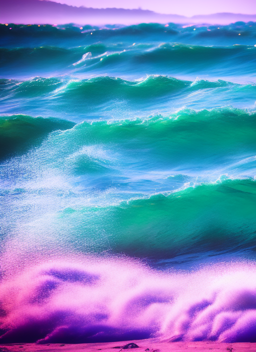 Ocean waves crashing colorfully against the beach, aqua purple, art station, canon 50mm f/1.4. Ocean waves crashing colorfully against the beach, aqua purple, art station, canon 50mm f/1.4