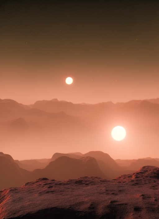 beautiful alien landscape with view of planets rising on the horizon, lunar eclipse, detailed colorful 3d render