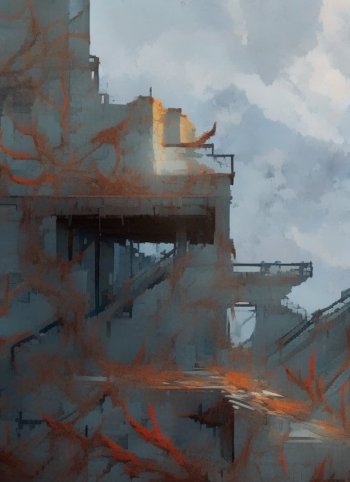 image of porch collapse, a grey mist with cold vapour, known to house a specialized form of fungal microorganism, Disco Elysium art style