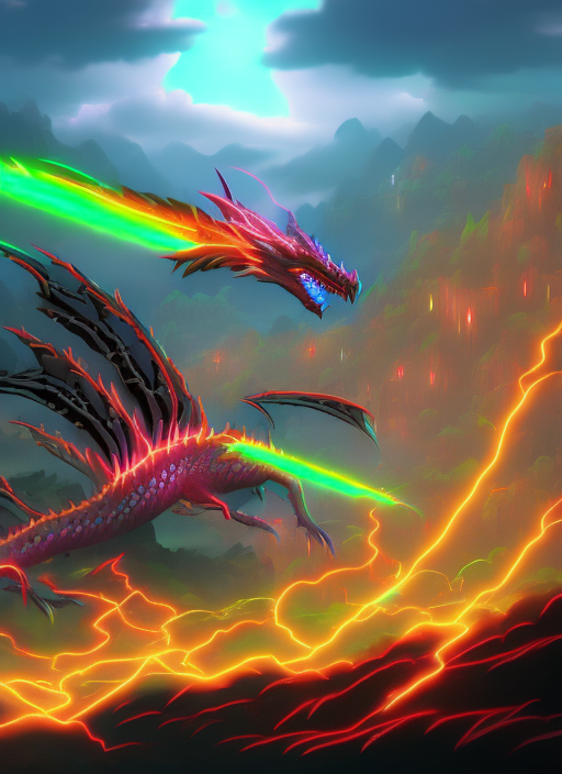 Beautiful neon light dragon flying over cyber landscape