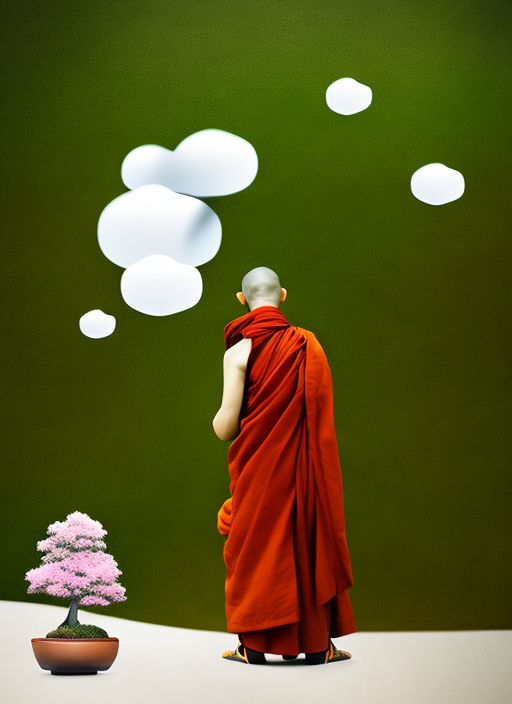 buddhist monk dog with a bonsai tree as thought bubbles