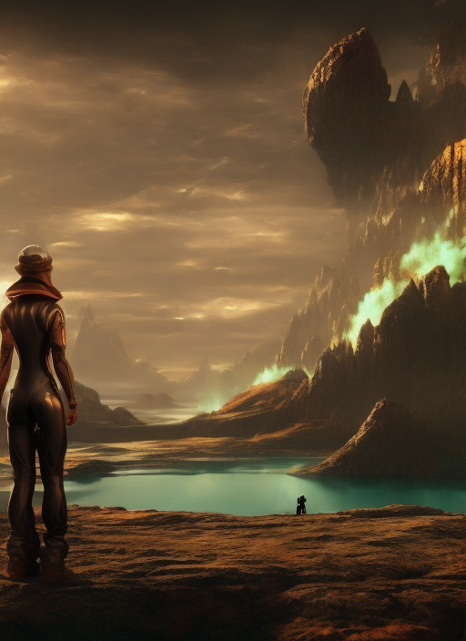 A woman wearing adventurous clothes in front of an alien, futuristic landscape with water and mountains