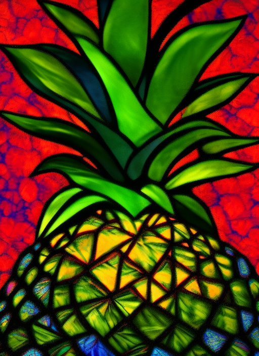 a psychedelic brightly colored pineapple made of stained glass on a black background. plant, terrestrial plant, arecales, art, vase, houseplant, symmetry, tints and shades, electric blue, flowerpot, light shimmering through