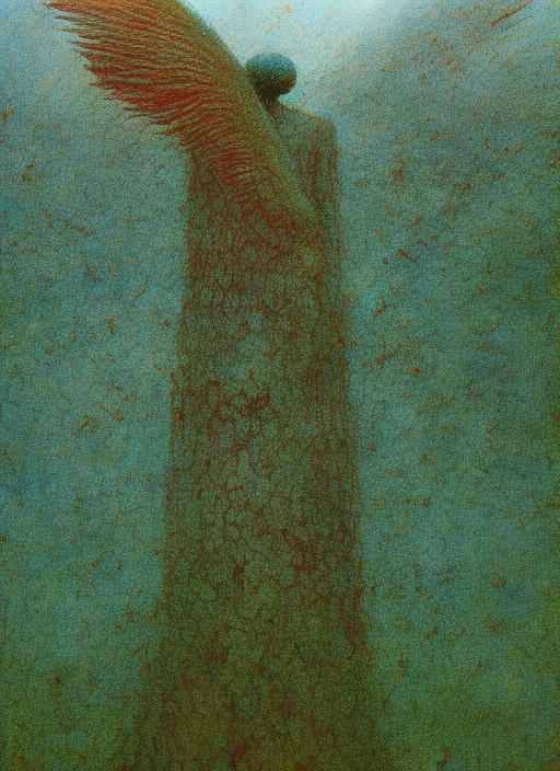 full body angel wings holding a gun, beksinski