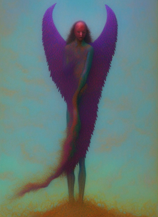 angel wings, holding an m4, purple, beksinski