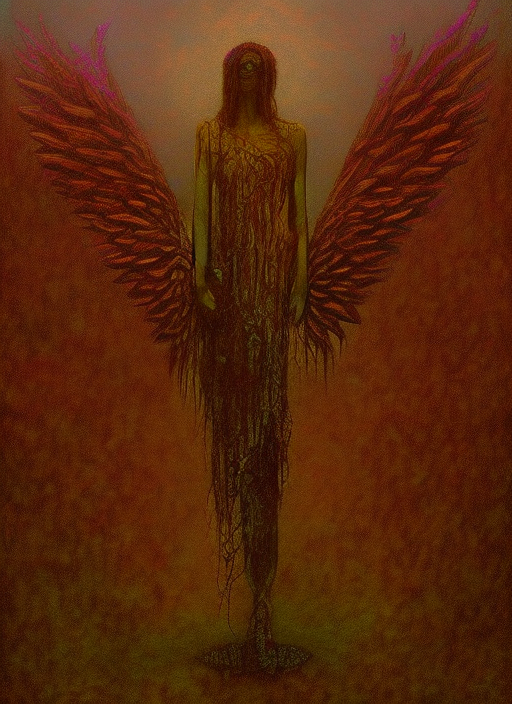 angel wings, holding an m4, purple, beksinski