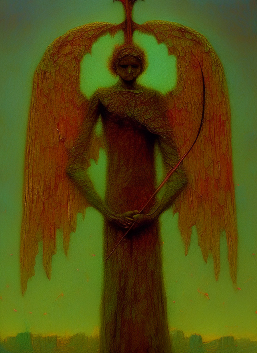 angel wings, holding a bow and arrow, purple, beksinski