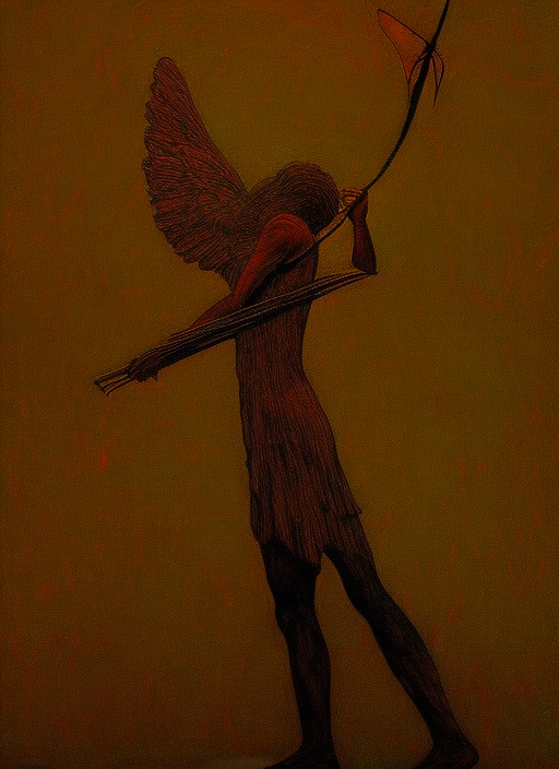 angel with wings, holding a bow and arrow, neon, beksinski