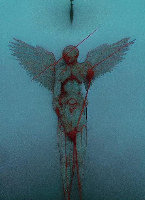 angel with wings, holding a bow and arrow, neon, beksinski. angel with wings, holding a bow and arrow, neon, beksinski. uhd 8k cryengine, taken in 2022, sharp focus