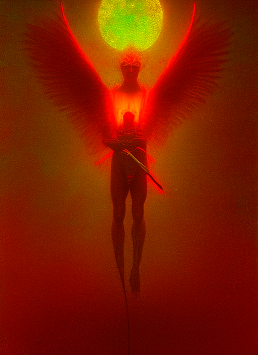 angel with wings, holding a bow and arrow, neon, beksinski