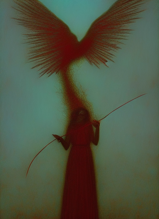 angel with wings, holding a bow and arrow, neon, beksinski