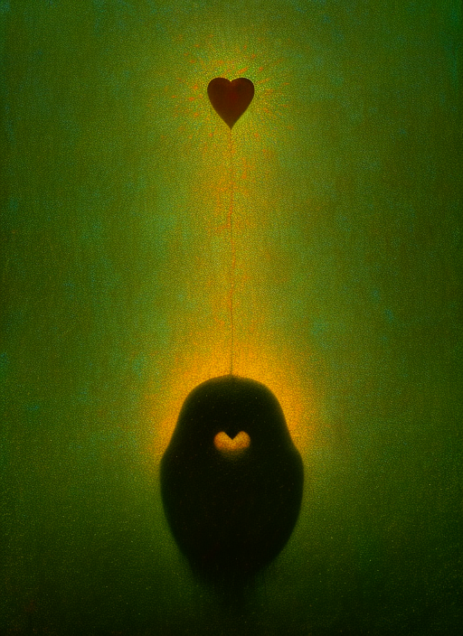 angel with wings, holding an orb, glowing heart, beksinski