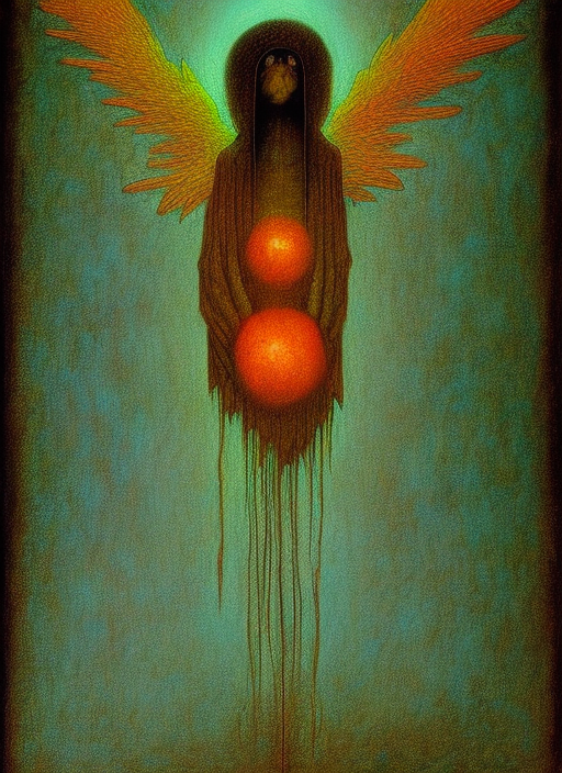 angel with wings, holding an orb, glowing heart, beksinski