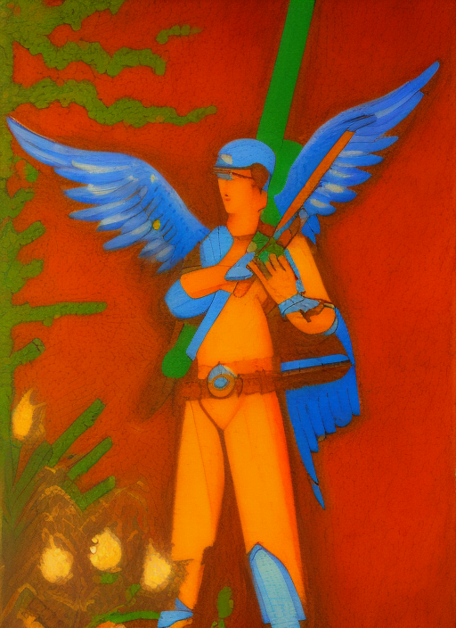 angel with wings, holding a weapon, blockhead music scene