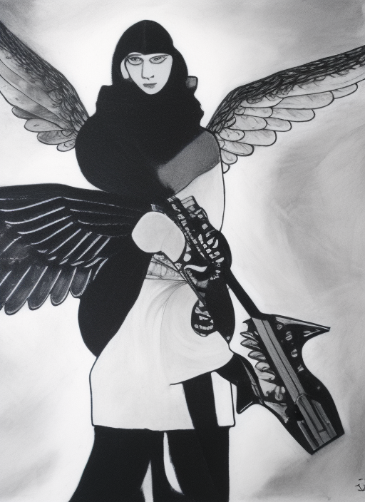 angel with wings, holding a weapon, blockhead music scene