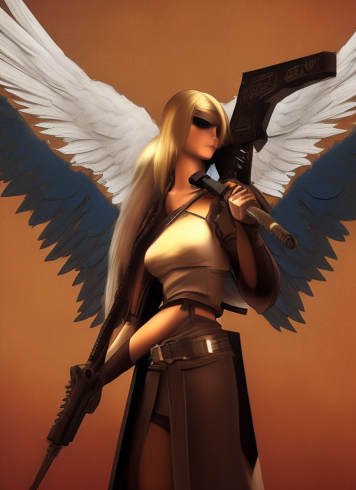 angel with wings, holding a weapon, blockhead music scene