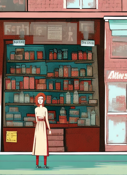A beautiful illustration of a young woman standing in front of a tiny store : 1
A beautiful illustration of a old woman standing in front of a big  store : 1