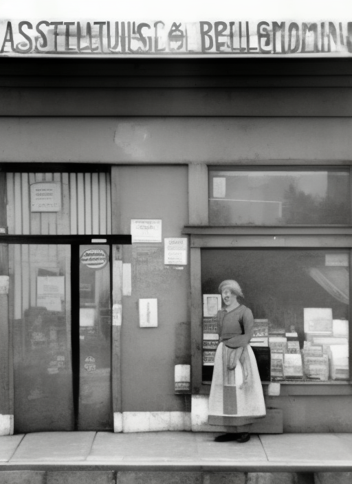 A beautiful illustration of a young woman standing in front of a tiny store : 1
A beautiful illustration of a old woman standing in front of a big  store : 1