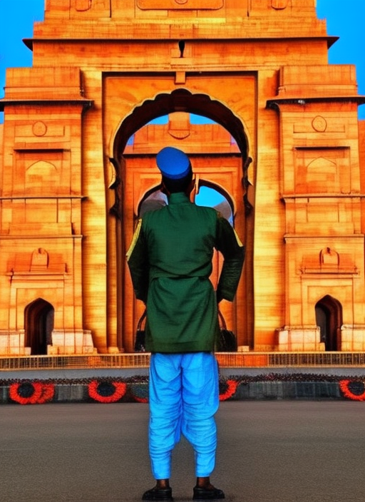 an indian soldier standing in front of India Gate. Saluting to Amar Jawan jyoti