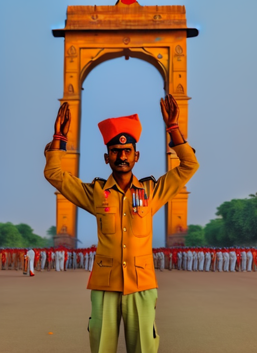 an indian soldier standing in front of India Gate. Saluting to Amar Jawan jyoti. realism