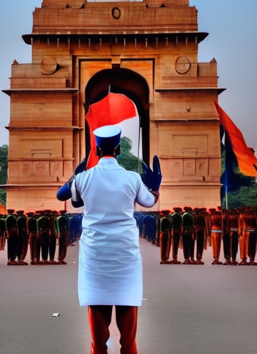 an indian soldier standing in front of India Gate. Saluting to Amar Jawan jyoti. realism