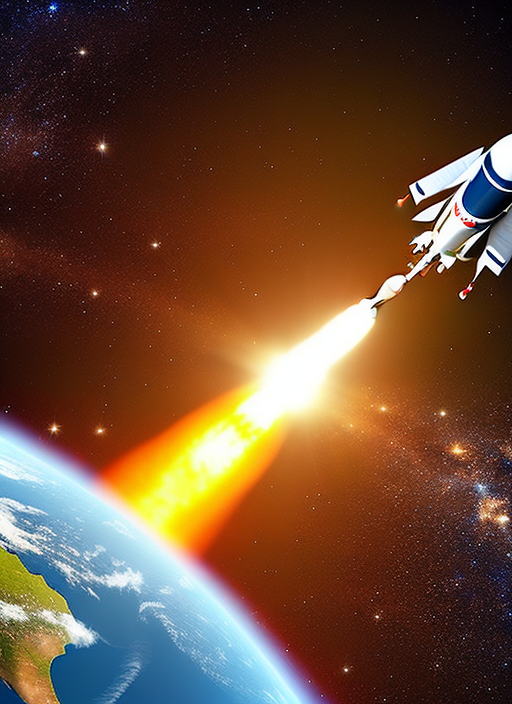 "Create an AI-generated art piece depicting the view of a rocket launch from space, showing the rocket's journey as it leaves the Earth's atmosphere and the awe-inspiring sight of the launch as seen from outer space."