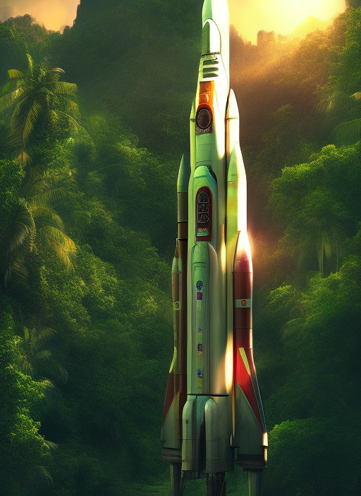 “Cyberpunk art of a rocket launche. Cyberpunk art of a rocket launche. lovely, 3/4 portrait, tropical surroundings, wide shot”