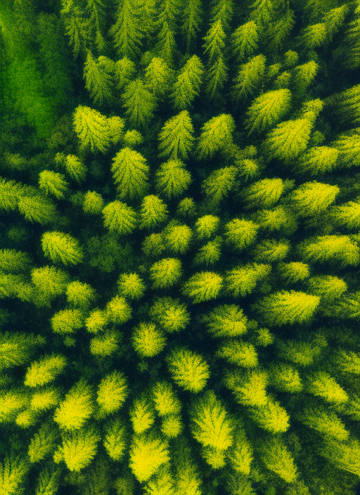 a forest in bird eye view, in low angle
