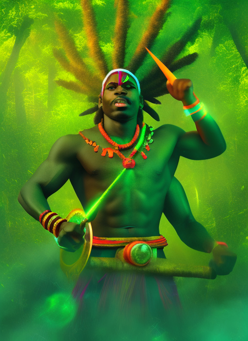 shiva as a young afro caribbean god, in the jungle, with a trident and drum , octane render, fractoluminescence 